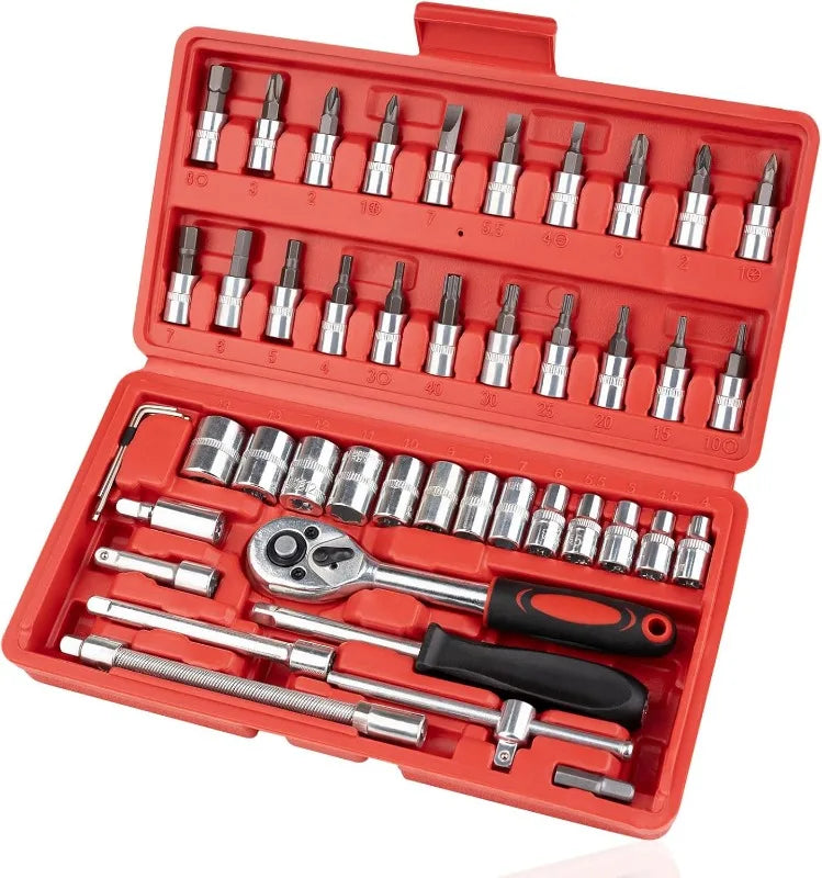 46PCS 1/4" Drive Socket & Ratchet Set, Metric Small Wrench Set with Extension Bar, Compact Car Tools