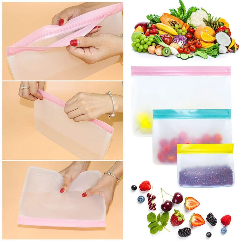 Reusable Silicone Food Bag Freezer Stand Up Fresh-keeping Bag Food Fruit Storage Bag Kitchen Leakproof Fresh Shut Bags BPA Free