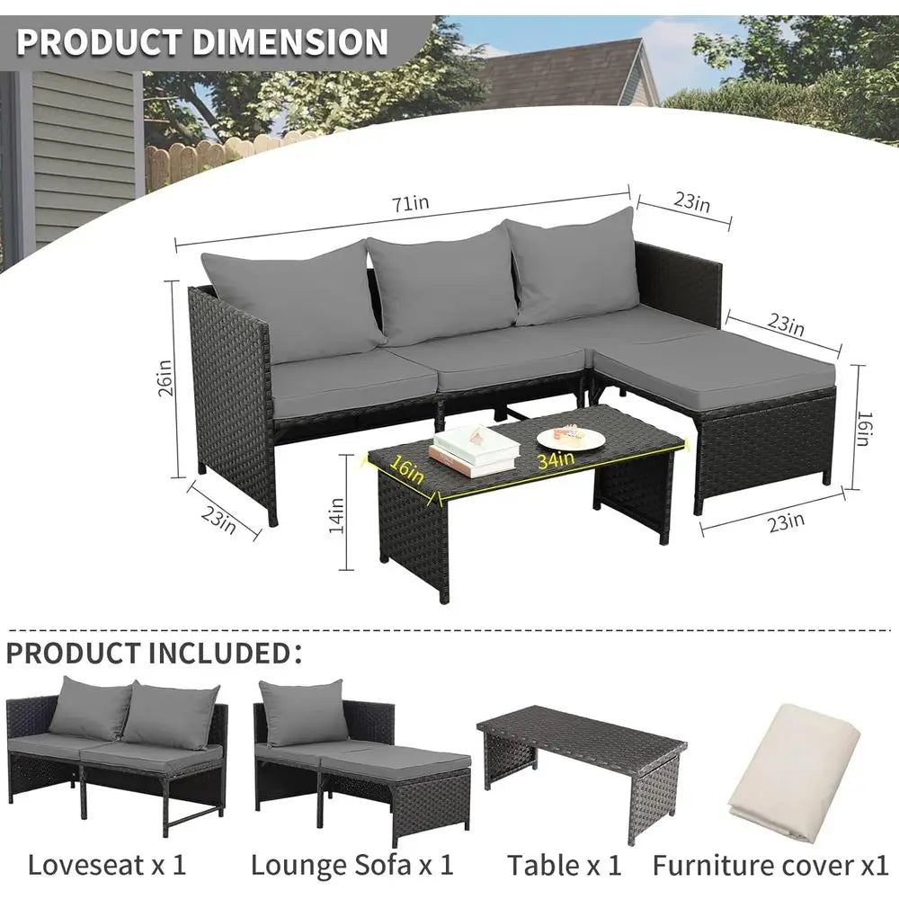 3-Piece Outdoor PE Rattan urniture Set Patio Black Wicker Contion Loveseat Soa Sectional Couch Gray Cushion