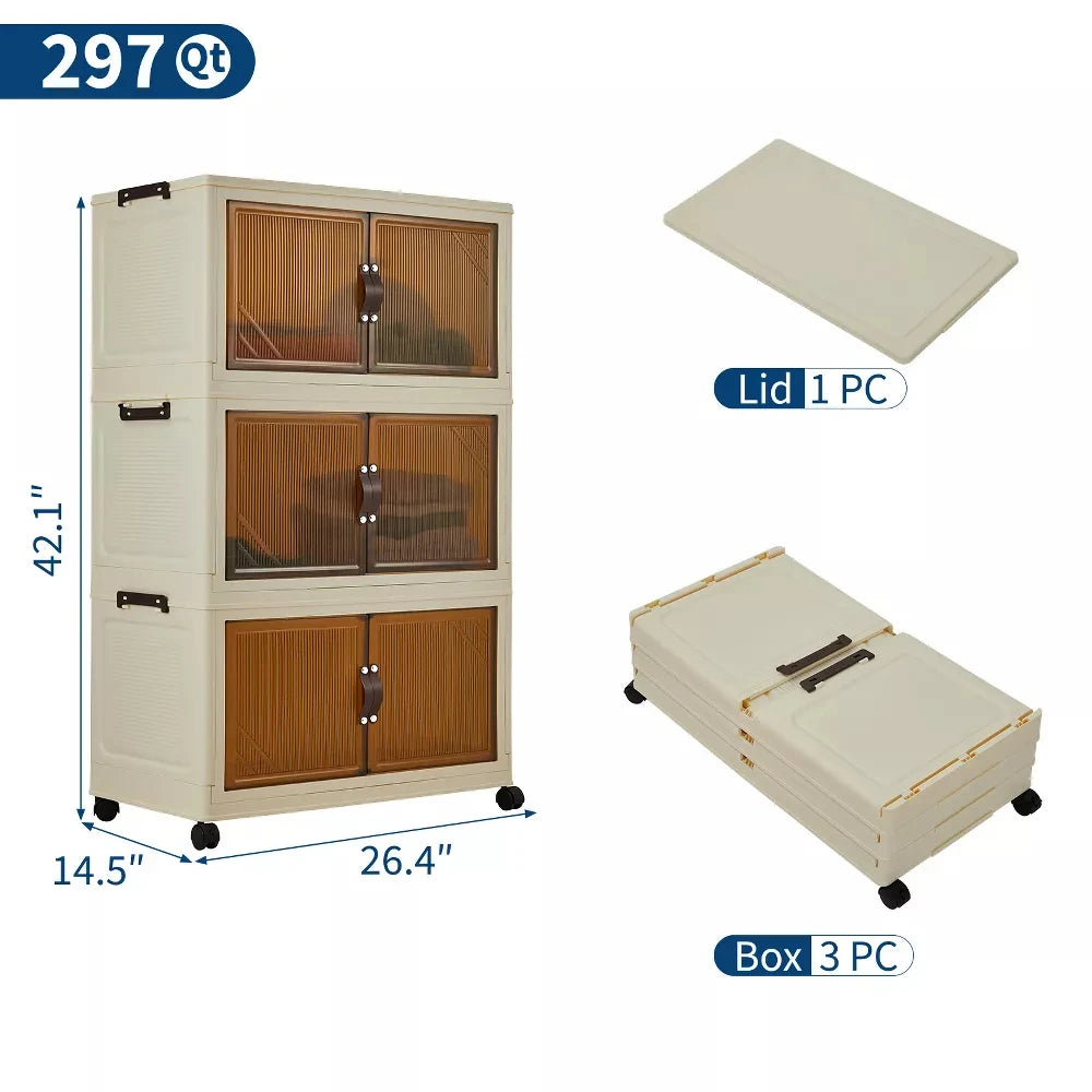 3/4/5-Tier Foldable Storage Cabinet with Lids & Wheels, Stackable Plastic Organizer for Closet, Bedroom, Office & Kitchen