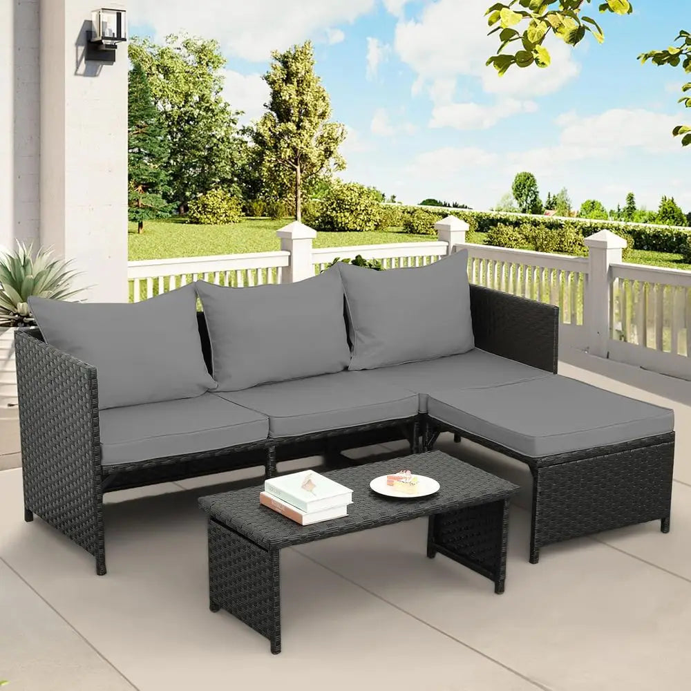 3-Piece Outdoor PE Rattan urniture Set Patio Black Wicker Contion Loveseat Soa Sectional Couch Gray Cushion