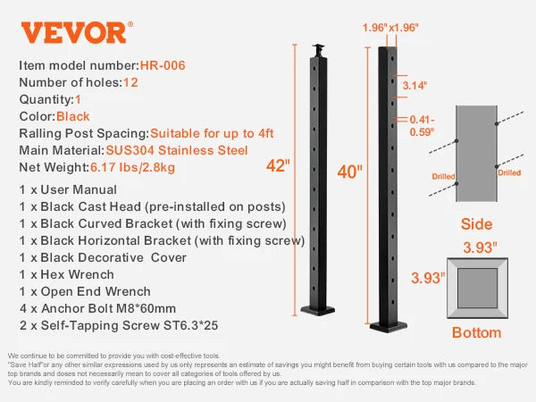 SucceBuy Cable Railing Post Pre-Drilled Holes SUS304 Stainless Steel Cable Rail Post with Horizontal /curved Bracket Black