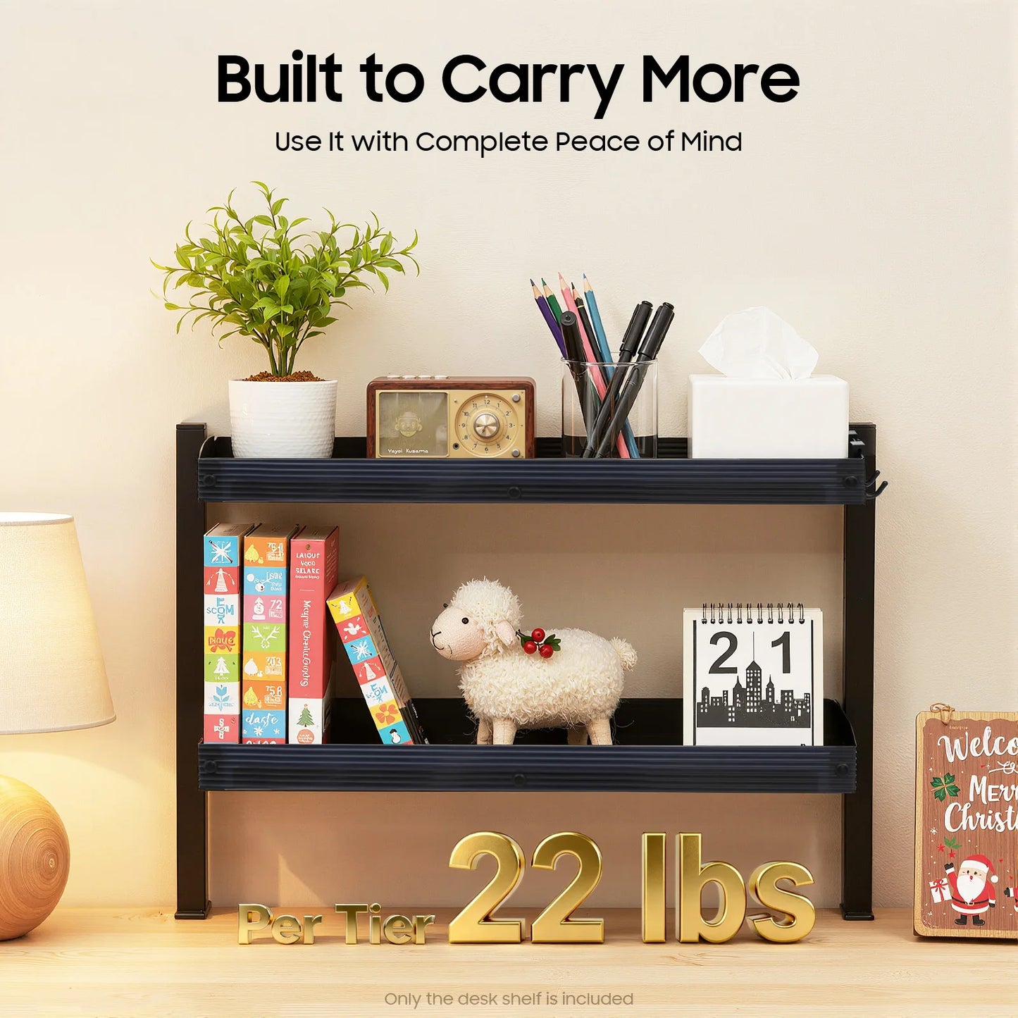 2-Tier Desk Shelf, Expandable Under Desk Storage, Clamp on Desk Shelf, Djustable Table Corner Storage Basket for Offices