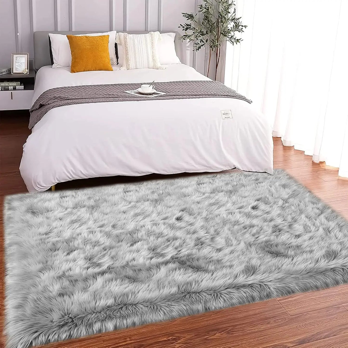 Faux Fur Gray Rectangle Non-Slip Thick Fluffy Carpets for Bedroom Plush Artificial Wool Area Rugs for Living Room Home Decor