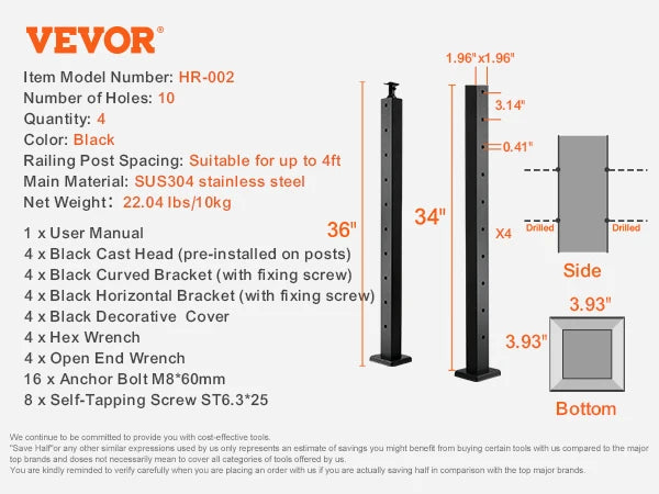SucceBuy Cable Railing Post Pre-Drilled Holes SUS304 Stainless Steel Cable Rail Post with Horizontal /curved Bracket Black