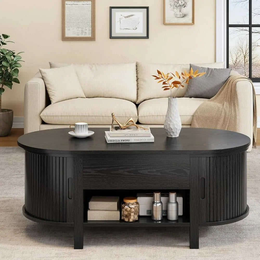 43.3" Oval Lift Top Coffee Table with Hidden Compartment, Fluted Wood Coffee Table with Sliding Door Modern Lift Tabletop