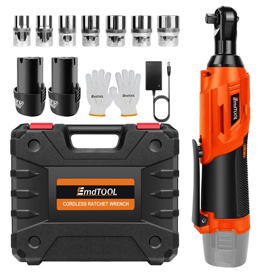 DayPlus 3/8" Cordless Electric Ratchet Wrench,12V Power Ratchet Tool 200NM with 2X 1500mAh Batteries 90° Angle Wrench,7 Sockets
