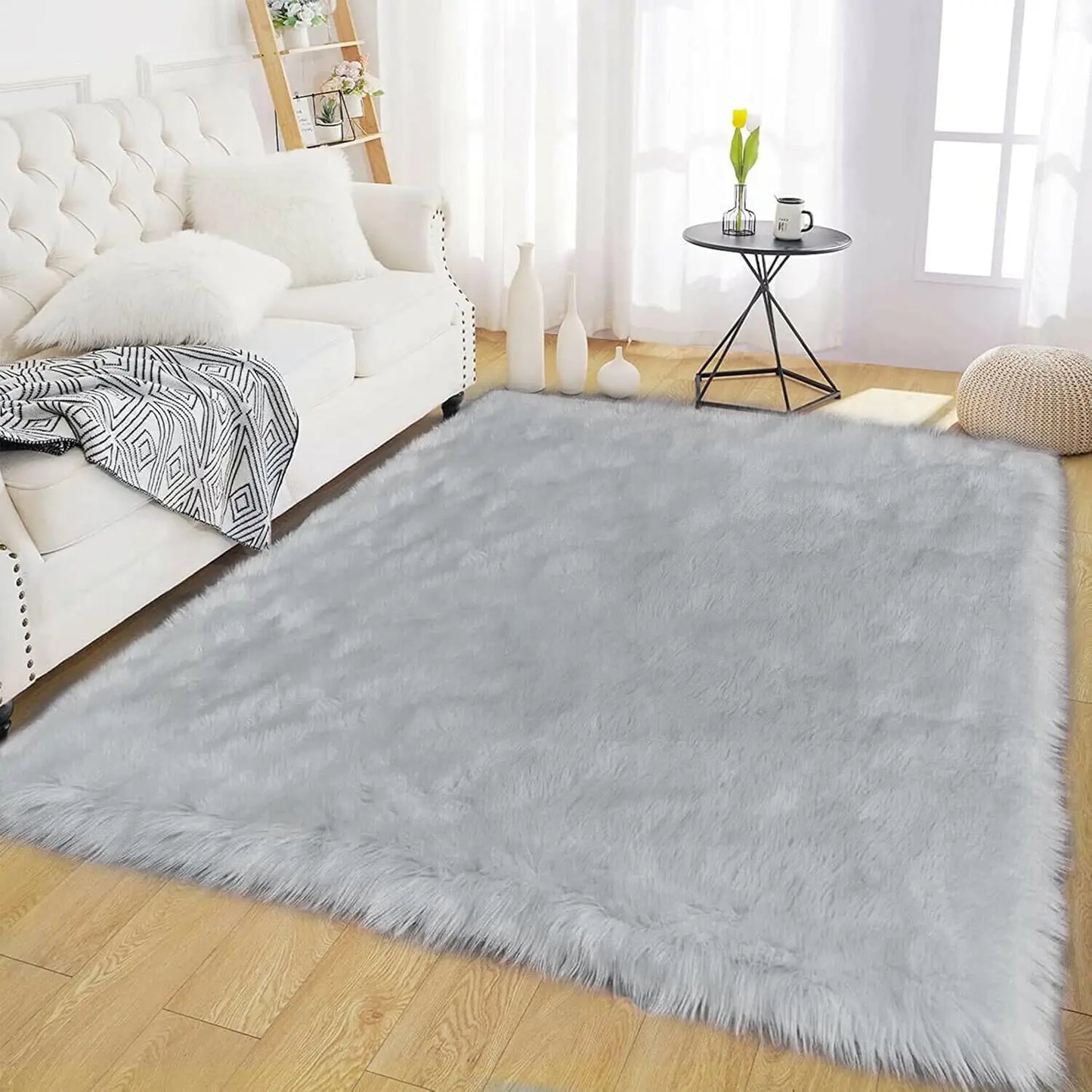 Faux Fur Gray Rectangle Non-Slip Thick Fluffy Carpets for Bedroom Plush Artificial Wool Area Rugs for Living Room Home Decor