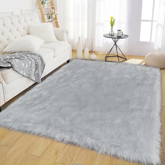 Faux Fur Gray Rectangle Non-Slip Thick Fluffy Carpets for Bedroom Plush Artificial Wool Area Rugs for Living Room Home Decor