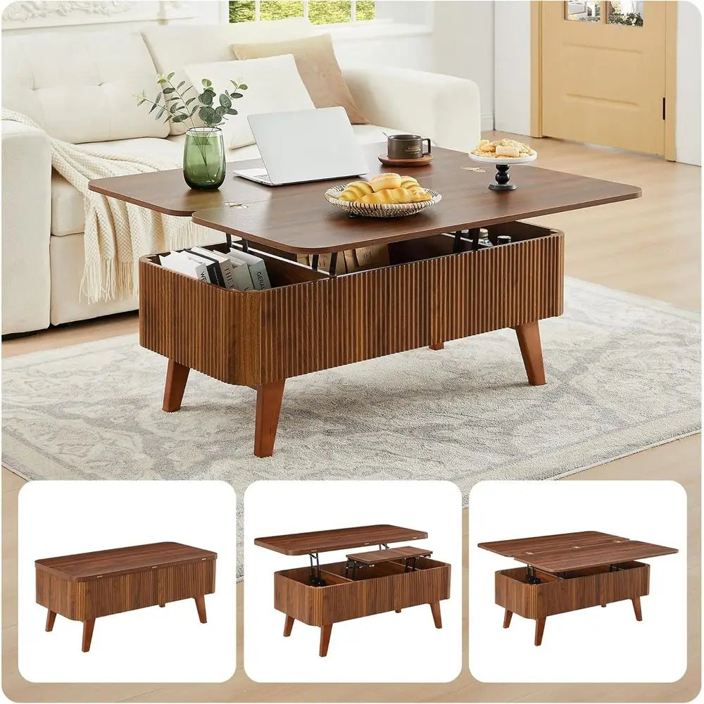 3-in-1 Coffee Table Converts to Dining Table, Walnut Oval Wooden Table with Storage for Small Spaces, Partial Assembly Required