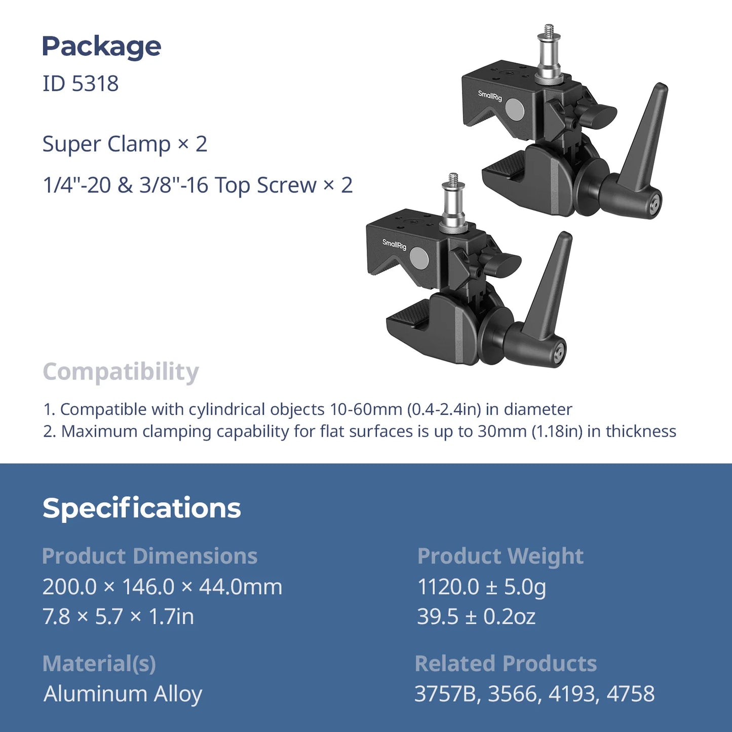 SmallRig Super Clamp Support Kit Aluminum Alloy Load 15kg with 1/4"-20 Top Screw for Cameras Microphones Monitors Video Lights