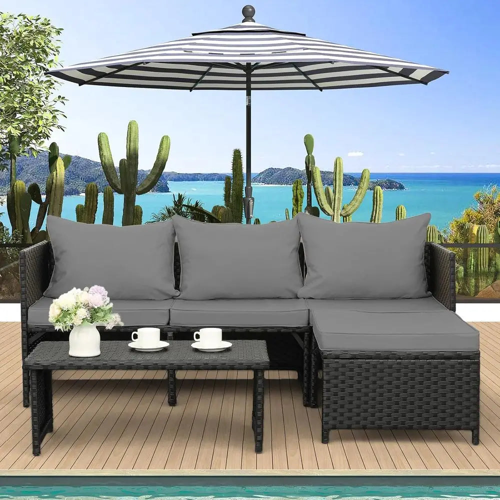 3-Piece Outdoor PE Rattan urniture Set Patio Black Wicker Contion Loveseat Soa Sectional Couch Gray Cushion