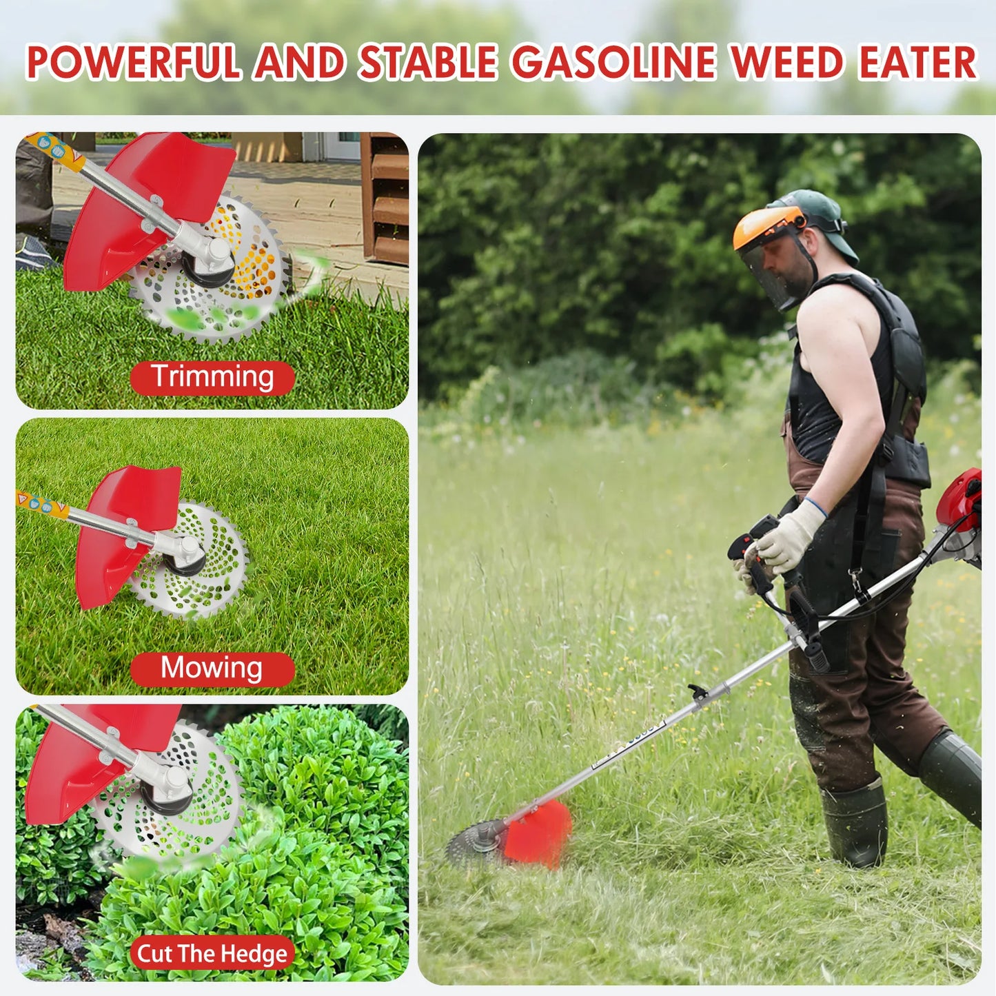 52cc Gasoline Lawn Mower 2-Stroke 4-in-1 Adjustable Grass Cutting Straight Shaft Gas Power Weed Eater with 4 Trimmer Heads
