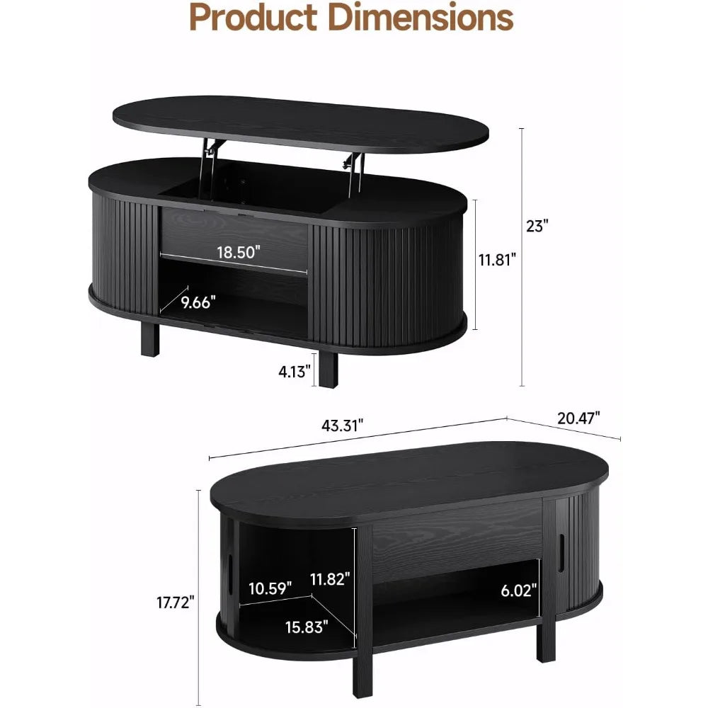 43.3" Oval Lift Top Coffee Table with Hidden Compartment, Fluted Wood Coffee Table with Sliding Door Modern Lift Tabletop
