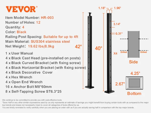 SucceBuy Cable Railing Post Pre-Drilled Holes SUS304 Stainless Steel Cable Rail Post with Horizontal /curved Bracket Black