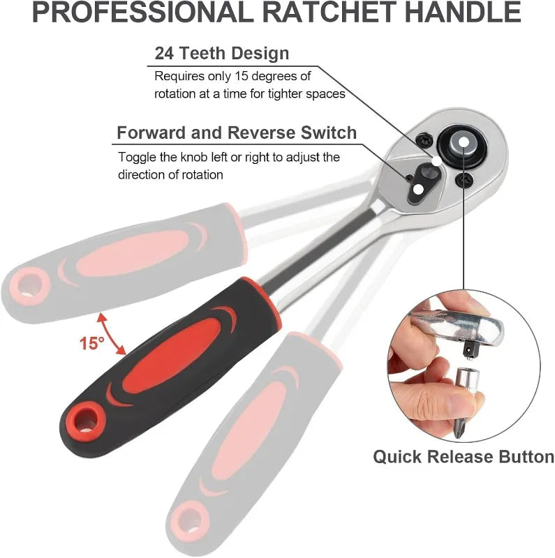 46PCS 1/4" Drive Socket & Ratchet Set, Metric Small Wrench Set with Extension Bar, Compact Car Tools