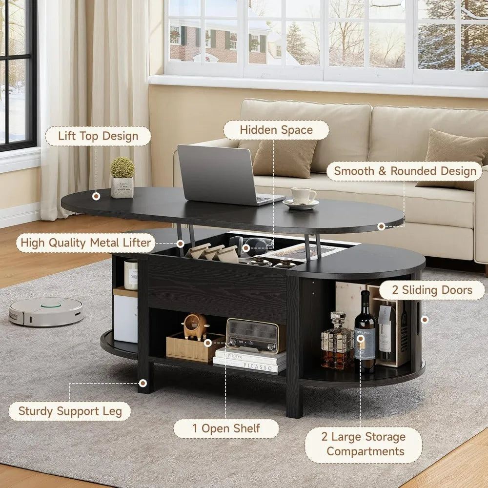 43.3" Oval Lift Top Coffee Table with Hidden Compartment, Fluted Wood Coffee Table with Sliding Door Modern Lift Tabletop