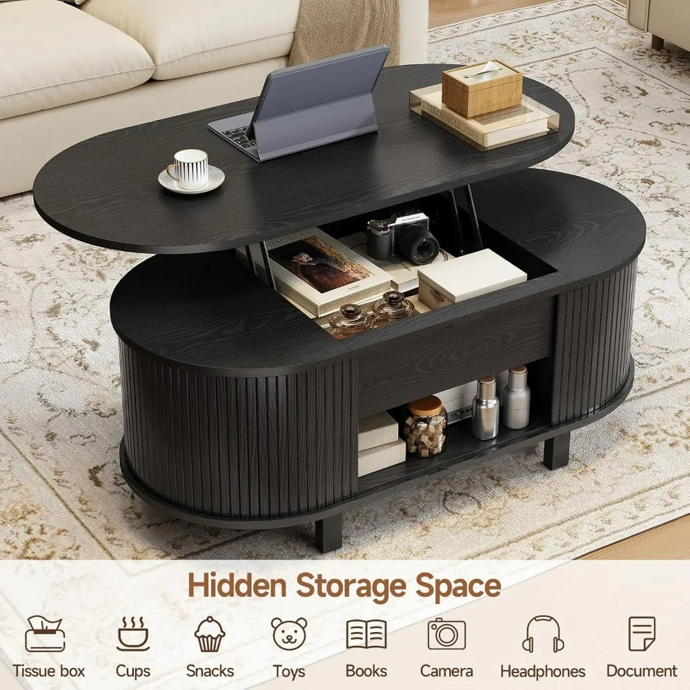 43.3" Oval Lift Top Coffee Table with Hidden Compartment, Fluted Wood Coffee Table with Sliding Door Modern Lift Tabletop
