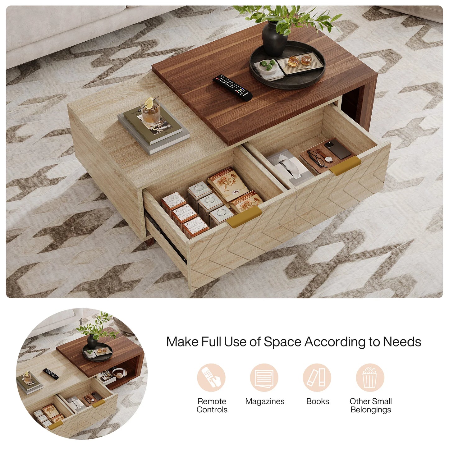 Tribesigns Extendable Coffee Table, 42"-65" Length Adjustable Reversible Wood Coffee Table with 2 Storage Drawers