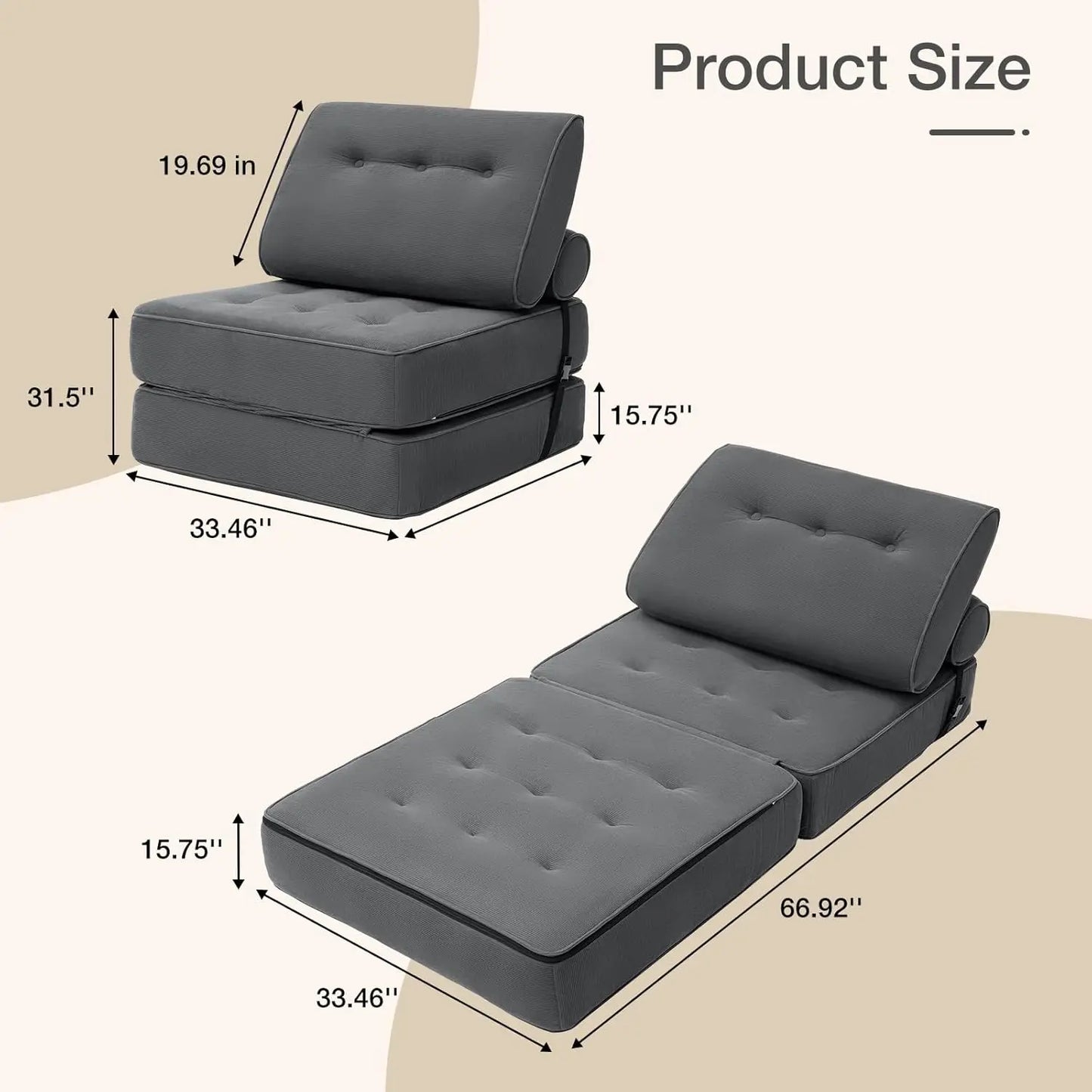 Folding Sofa Bed Couch Fold Out Chair Bed with Pillow, Convertible Sofa Bed Futon Sleeper Chair, Dark Gray
