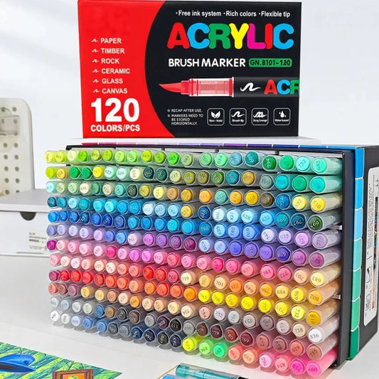 120-color acrylic markers, soft-tip brush pens, and art markers suitable for wood, stone, canvas, glass, fabric, eggshells