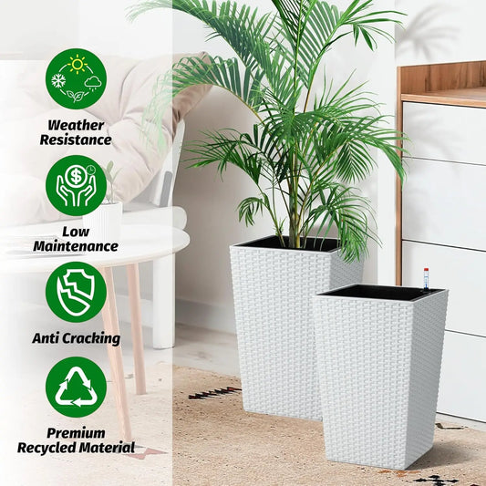 16inch/22.5inch Tall Rattan Planter Set of 2 Outdoor and Indoor Plant Pots with Water Level Monitor & Wheels, Large Flower Pot
