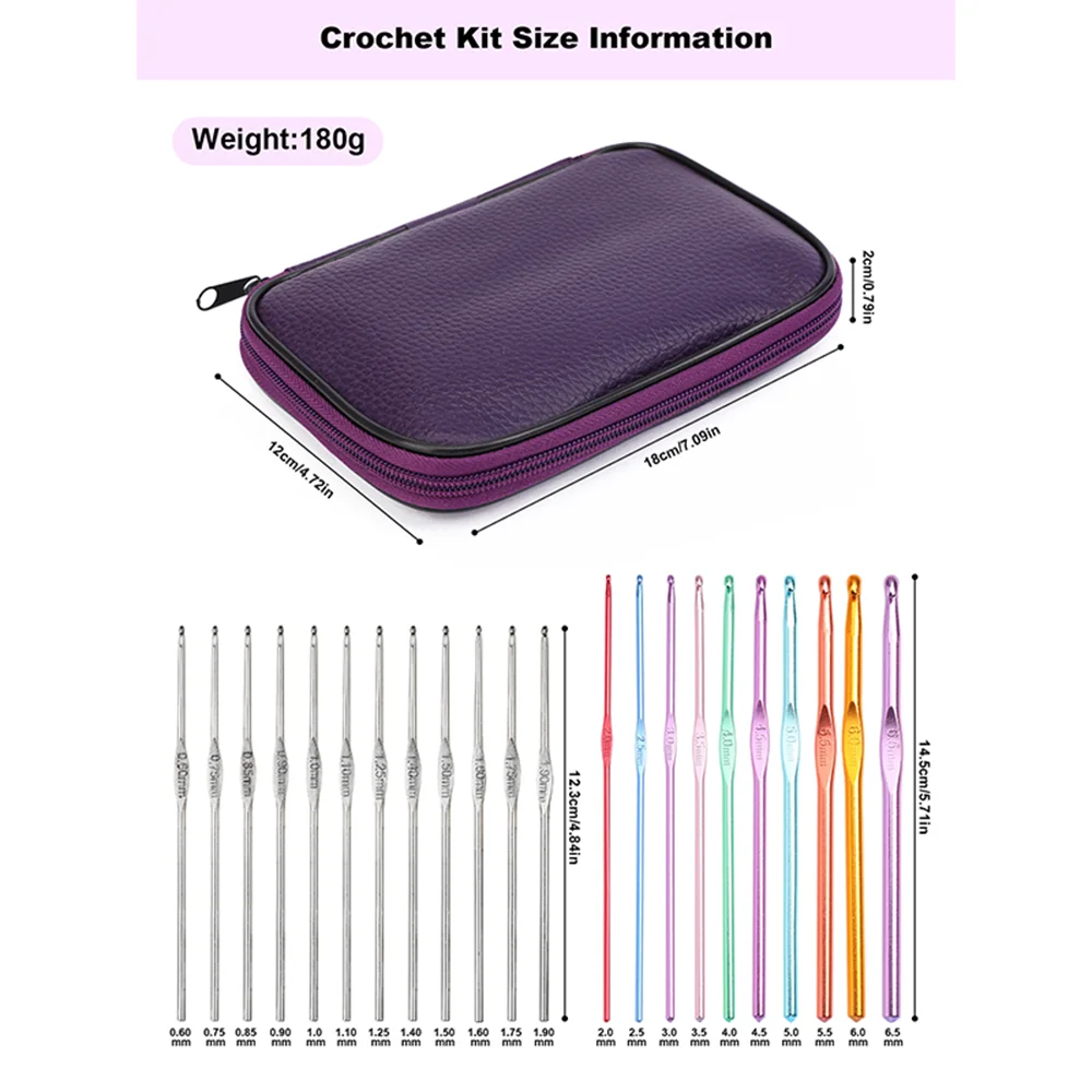 22 Pcs Set Colorful Aluminum Alloy Crochet Hooks Needles Knit Weave Yarn Set for DIY Craft 0.6mm - 6.5mm