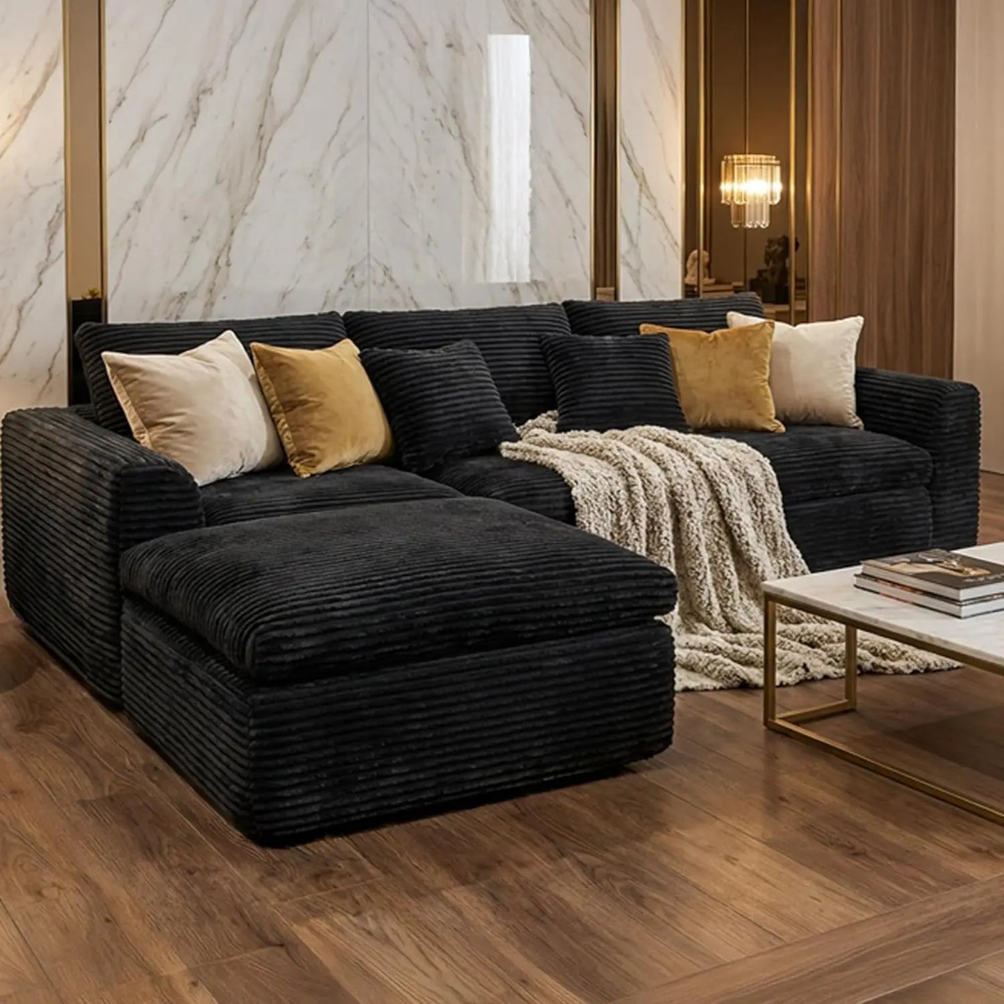 Boneless L-Shaped Modular Couch - 108 Inch Cloud Corduroy Sectional Sofa,Deep Seating Comfort, No Assembly, Ideal, Customized