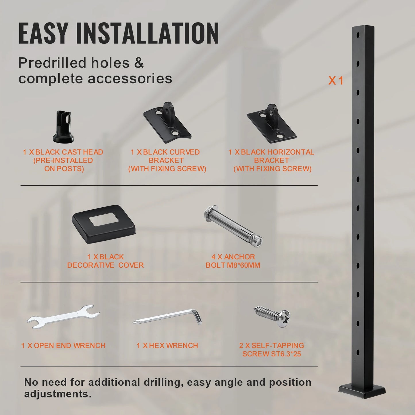 SucceBuy Cable Railing Post Pre-Drilled Holes SUS304 Stainless Steel Cable Rail Post with Horizontal /curved Bracket Black