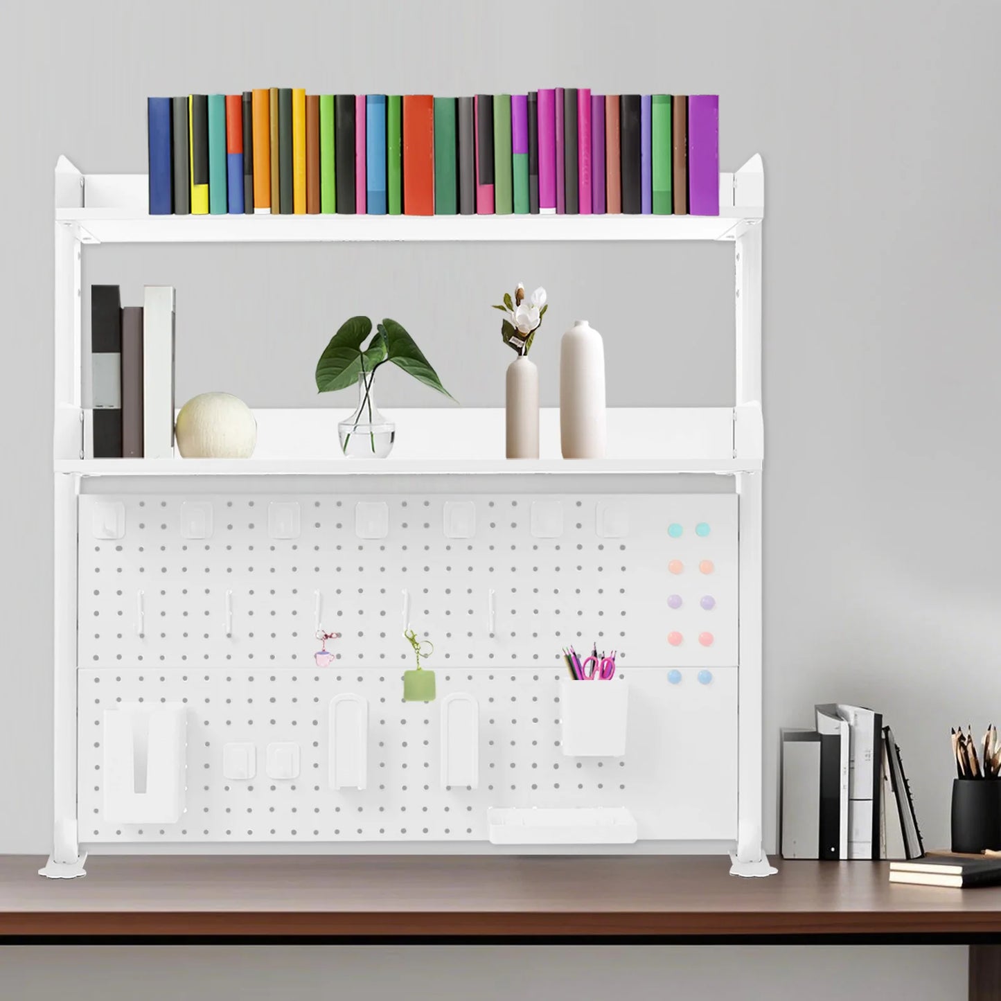 Clip On Desktop Bookshelf Organizer 2 Tier Open Shelf With Pegboard Back Multipurpose Countertop Storage For Stationery Books
