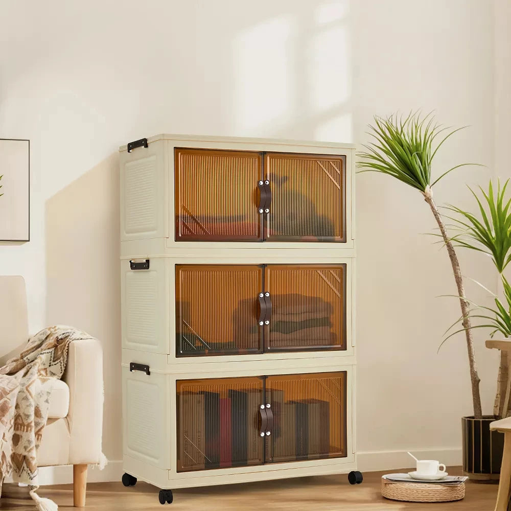 3/4/5-Tier Foldable Storage Cabinet with Lids & Wheels, Stackable Plastic Organizer for Closet, Bedroom, Office & Kitchen