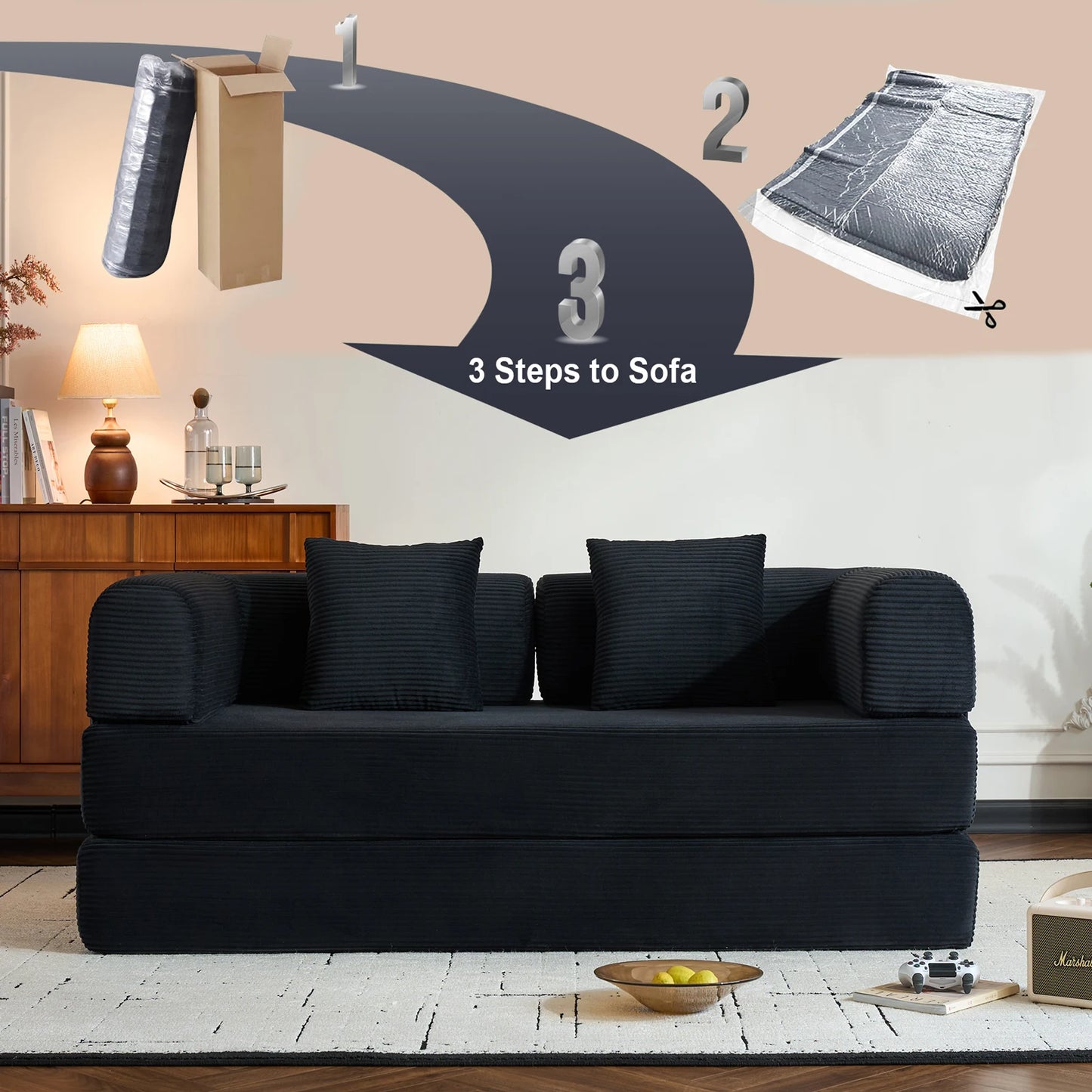 79" Convertible Sofa Bed with Fixed-Shape Frame & Removable Armrests, Corduroy Sofa, Mattress Couch for Small Spaces