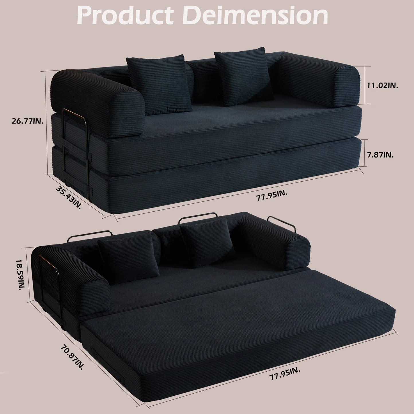 79" Convertible Sofa Bed with Fixed-Shape Frame & Removable Armrests, Corduroy Sofa, Mattress Couch for Small Spaces