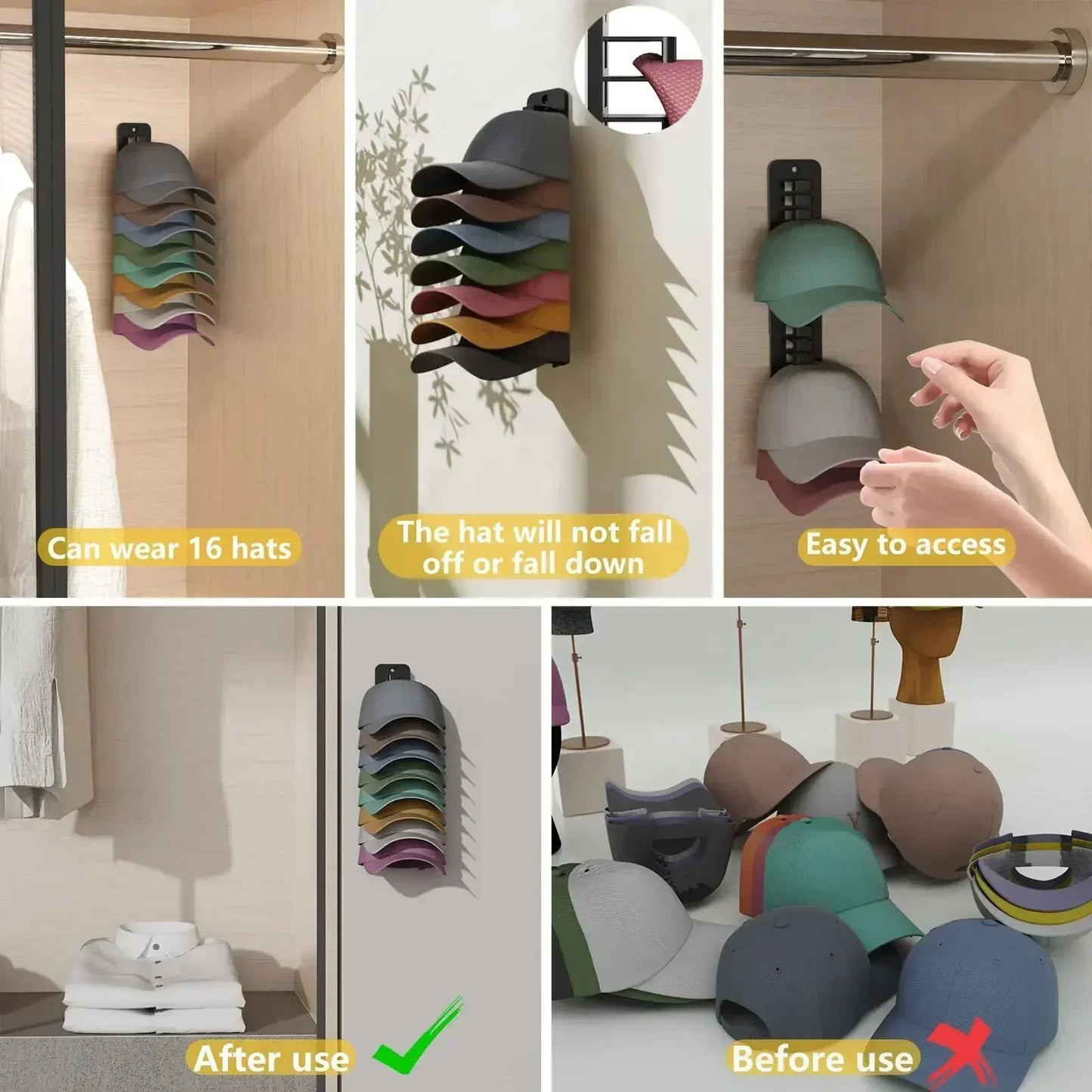 Hat Rack for Wall Stick-on Baseball Cap Storage Holder Display Hanger Hat Storage Organization Wall Mount for Bedroom Closet