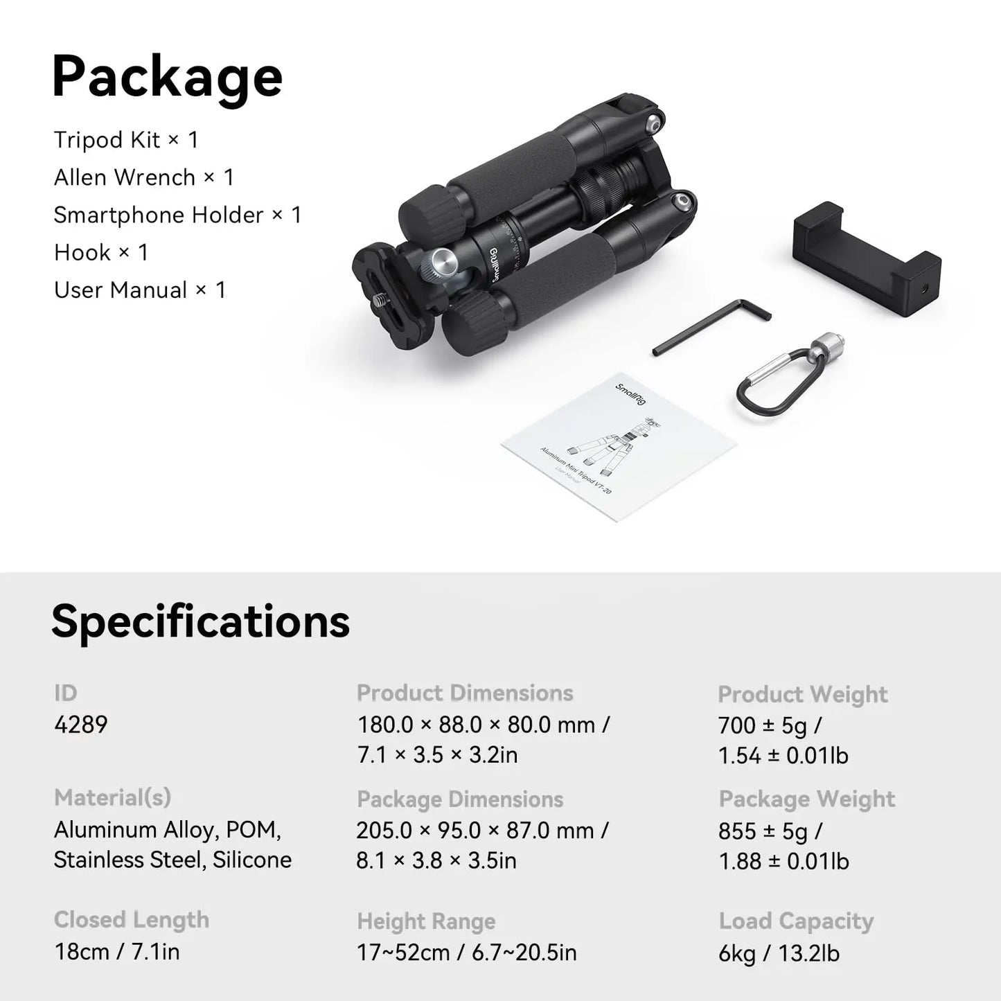 SmallRig Aluminum Mini Tripod VT-20 Load 6kg with Quick Release Plate Max Height 52cm for DSLRs, Mirrorless Cameras, Smartphones