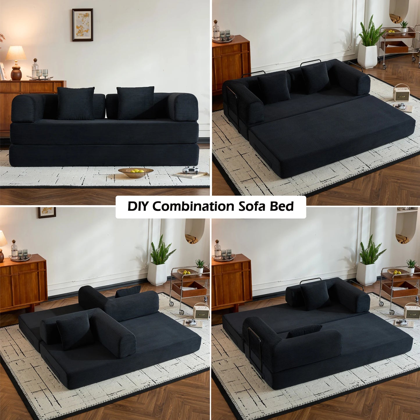 79" Convertible Sofa Bed with Fixed-Shape Frame & Removable Armrests, Corduroy Sofa, Mattress Couch for Small Spaces