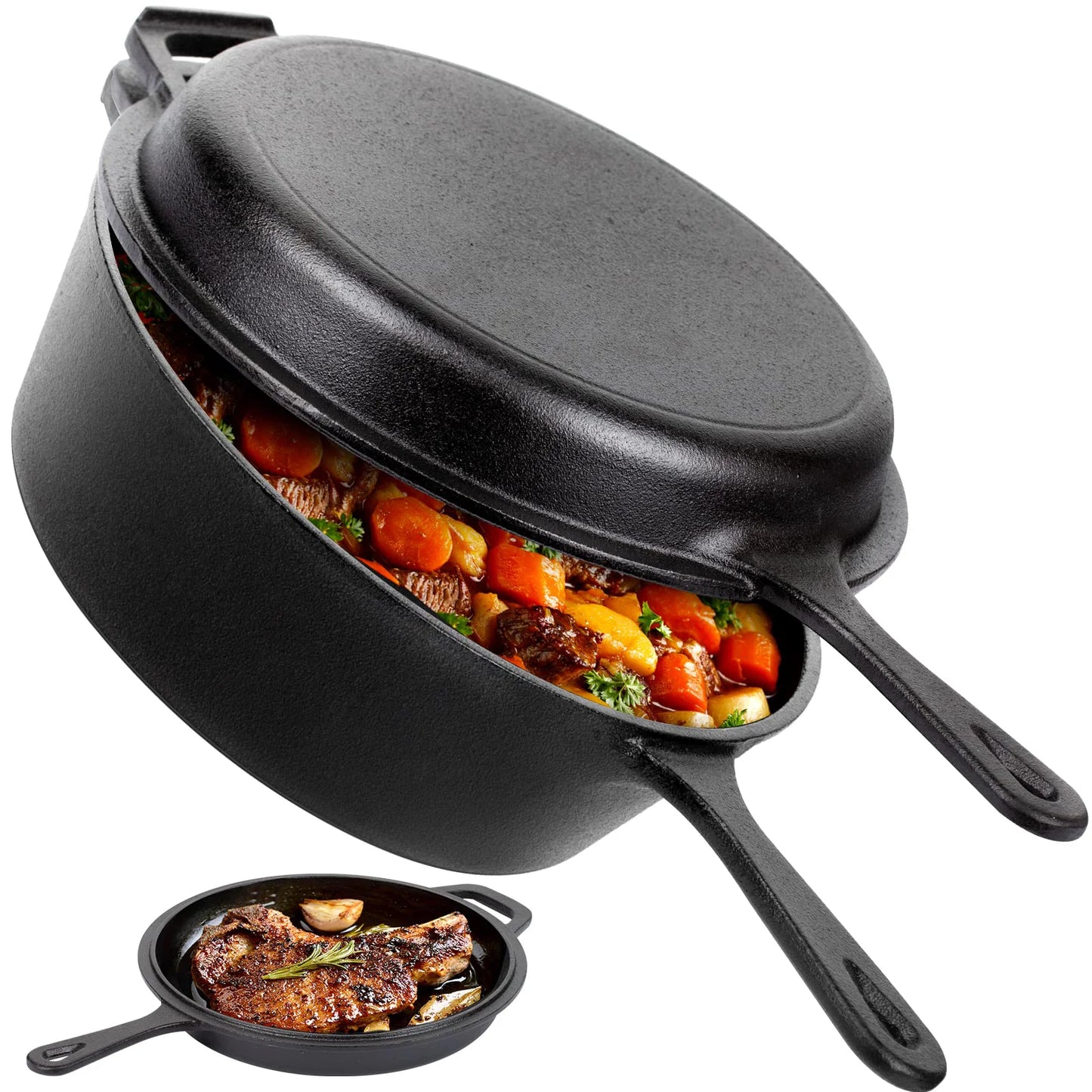 Dutch Oven & Skillet Combo，Preseasoned Cast Iron Cookware Set，2-In-1 Multi Cooker - Deep Pot + Frying Pan，Works for Bread, Indoo