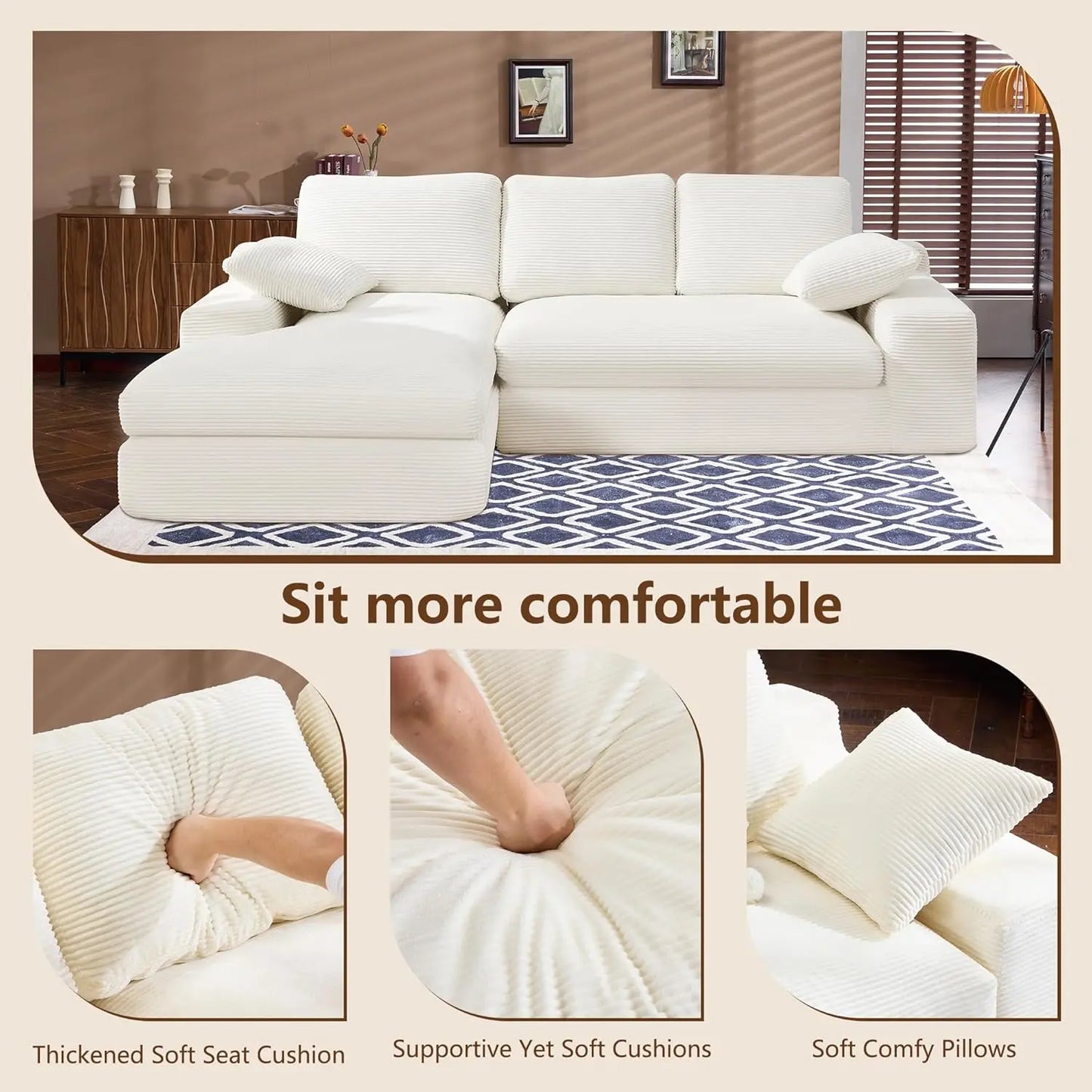 98.4" Cloud Modular Sectional Couch with Chaise,L-Shaped Modern Upholstered Sofa with Deep Seat,Corduroy Sectional, Customized