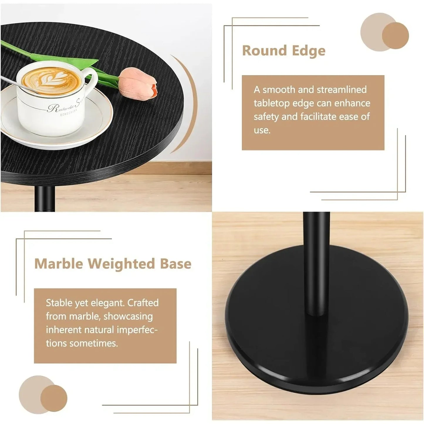 Modern Round Marble Pedestal Side Table - Small Cocktail Table for Patio, Sofa & Chairs - Black Indoor/Outdoor Accent