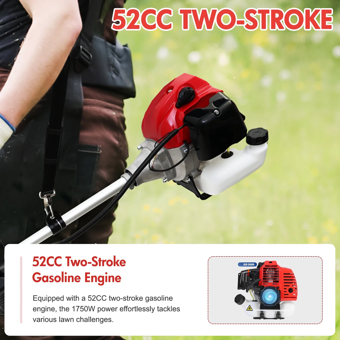52cc Gasoline Lawn Mower 2-Stroke 4-in-1 Adjustable Grass Cutting Straight Shaft Gas Power Weed Eater with 4 Trimmer Heads