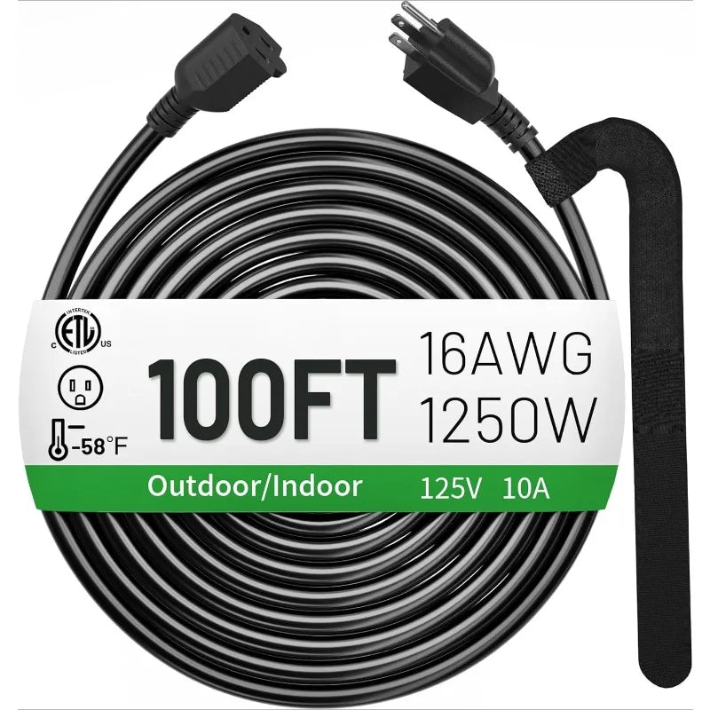100 FT 16/3 Black Indoor Outdoor Extension Cord Waterproof, 3 Prong Flexblie SJTW Cold Weatherproof -50°C Appliance Extension Co