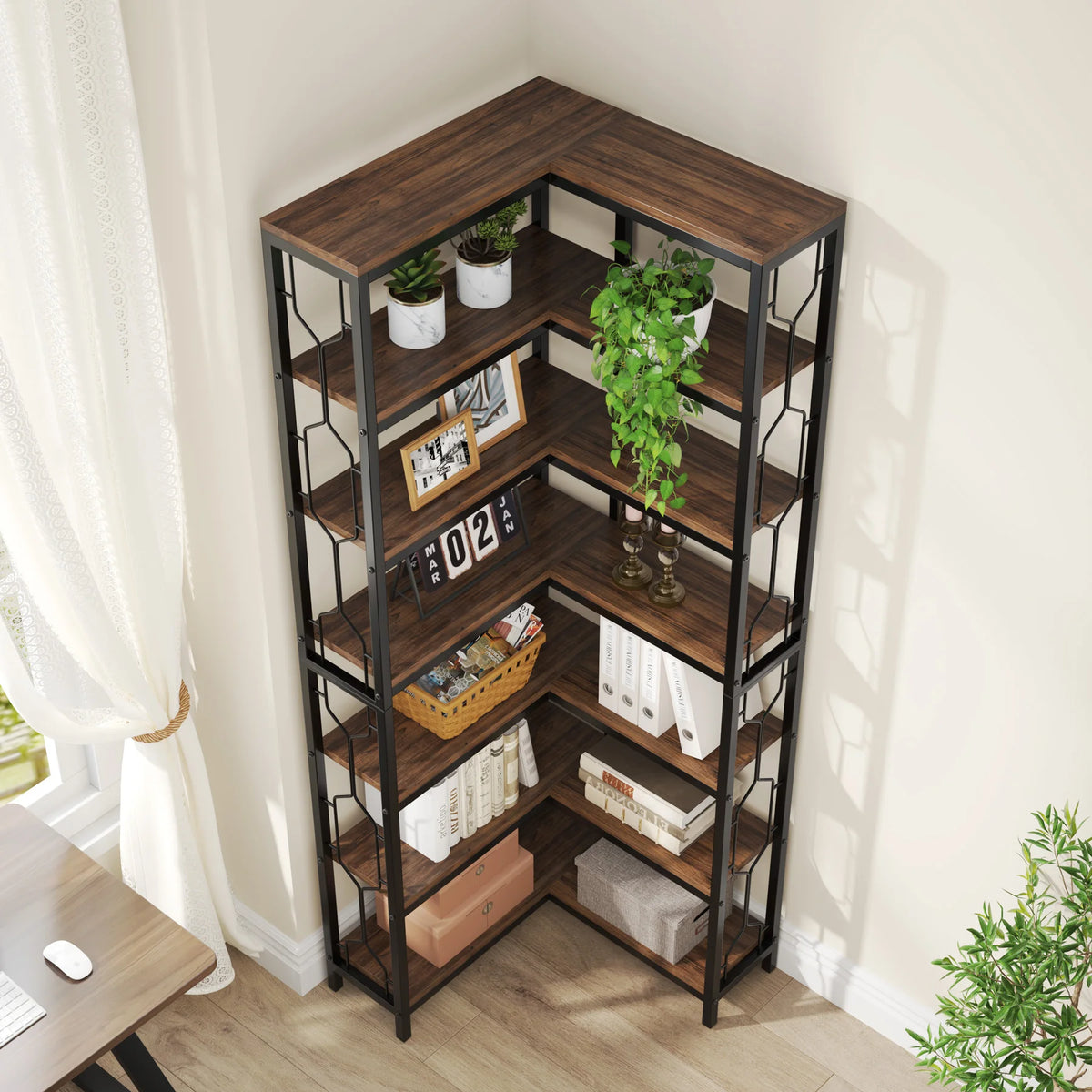 Tribesigns Corner Shelf, 7-Tier Industrial Corner Bookshelf, Wood and ...