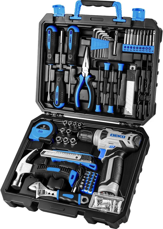 Drill Set: Tool Set with 8V Blue Cordless Drill, Home Tool Kit with Drill, Hand Tool Kits 126 Piece