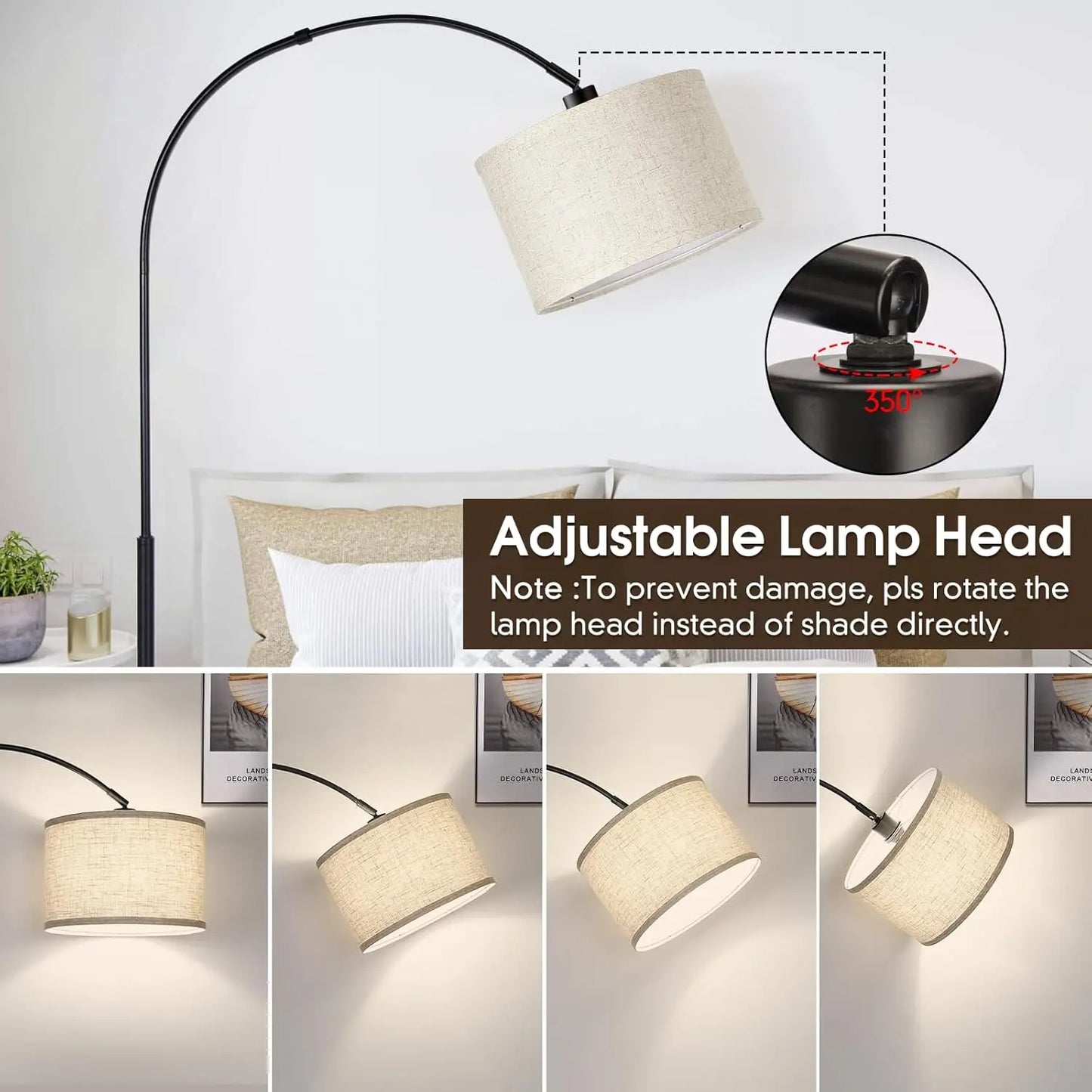 Dimmable Arc Floor Lamp with Adjustable Shade, Modern Black Standing Light for Living Room Bedroom, Includes 9W LED Bulb