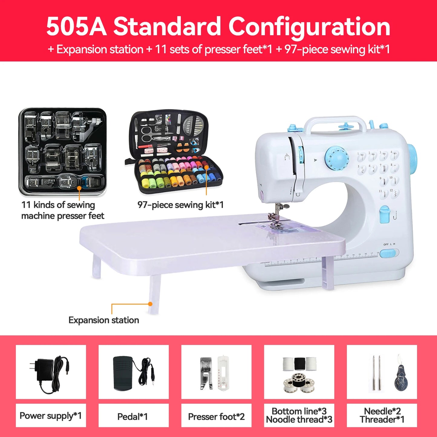 505A Mini Sewing Machine with Expansion Board 11pcs Presser Feet 97pcs Sewing Kit US 110V Blue Automatic winding design