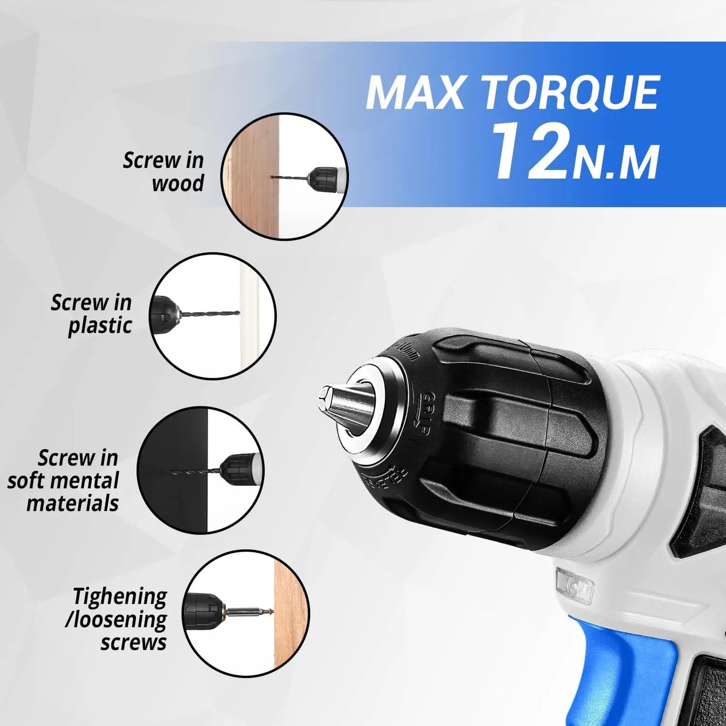 Drill Set: Tool Set with 8V Blue Cordless Drill, Home Tool Kit with Drill, Hand Tool Kits 126 Piece