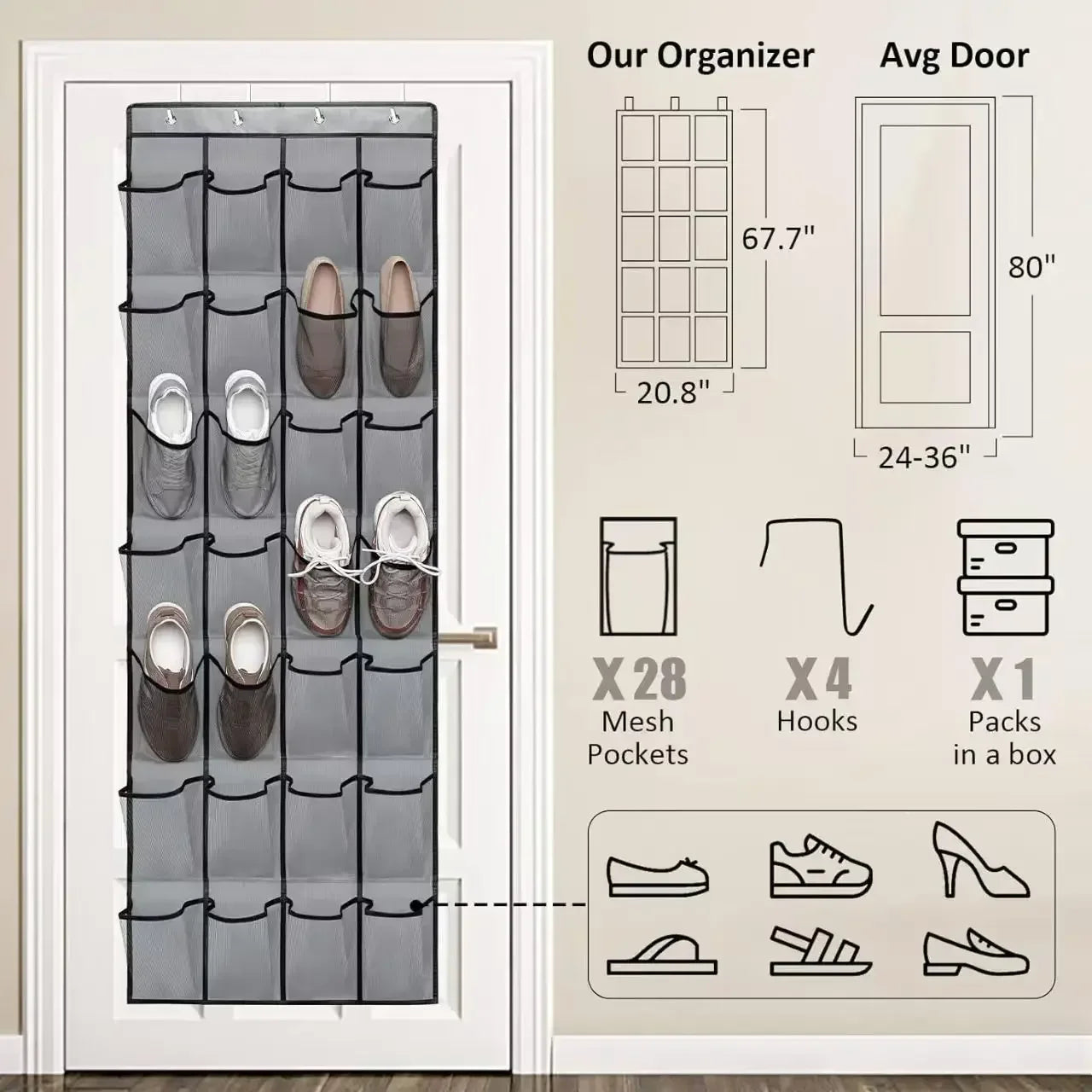 40/24/14 Grid Wall-Mounted Shoe Organiser Fabric Closet Bag Storage Rack Mesh Pocket Clear Hanging Over The Door Cloth Box
