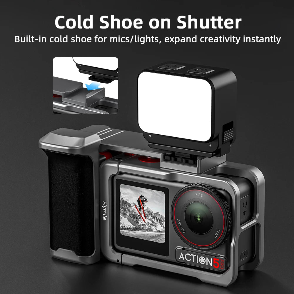 Flymile Action 5 Pro Camera Grip Holder Metal Cage for DJI Action 5 Pro/Action 4 Accessories Shutter Button Photography Handle