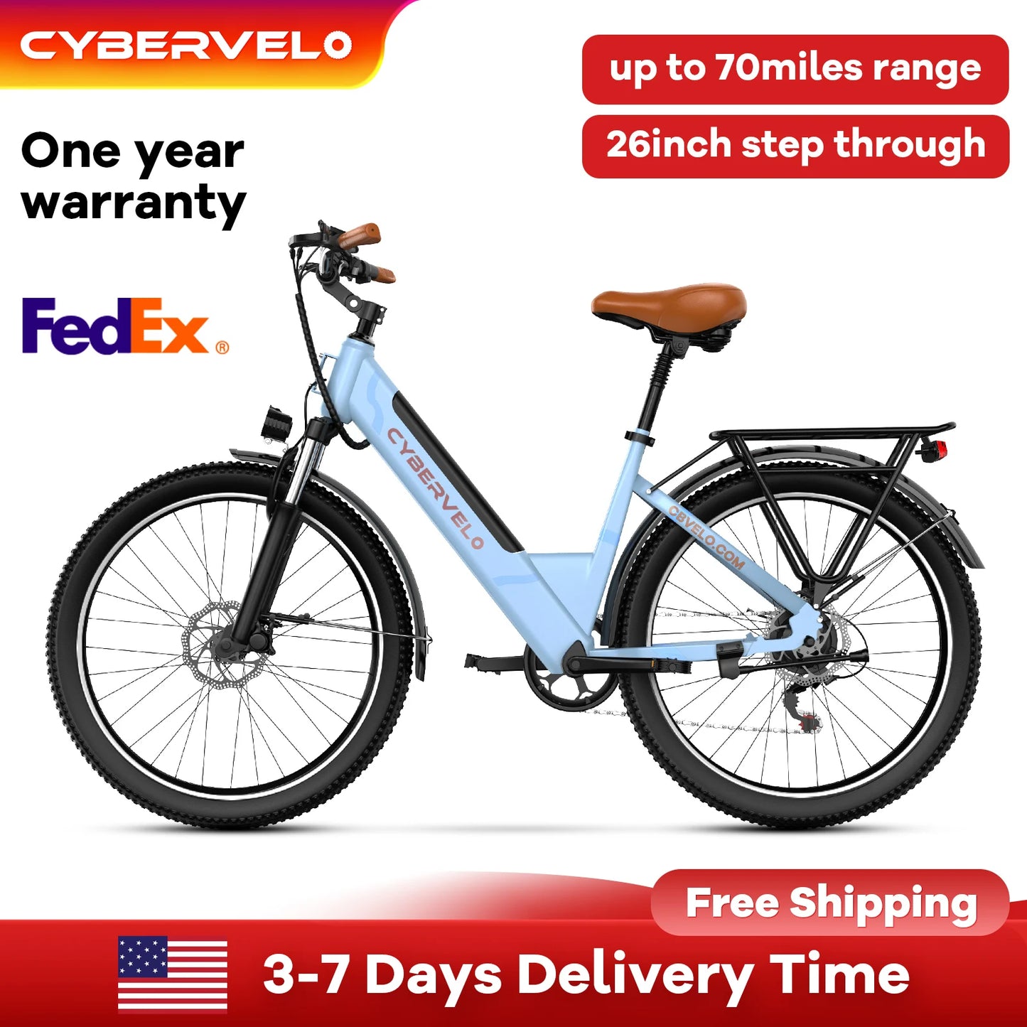 1000W Peak Electric Bike for Adults Cybervelo EK2 26" Step-Thru 14Ah Removable Battery 80Miles City Commuter Ebike