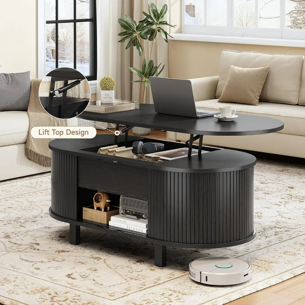 43.3" Oval Lift Top Coffee Table with Hidden Compartment, Fluted Wood Coffee Table with Sliding Door Modern Lift Tabletop